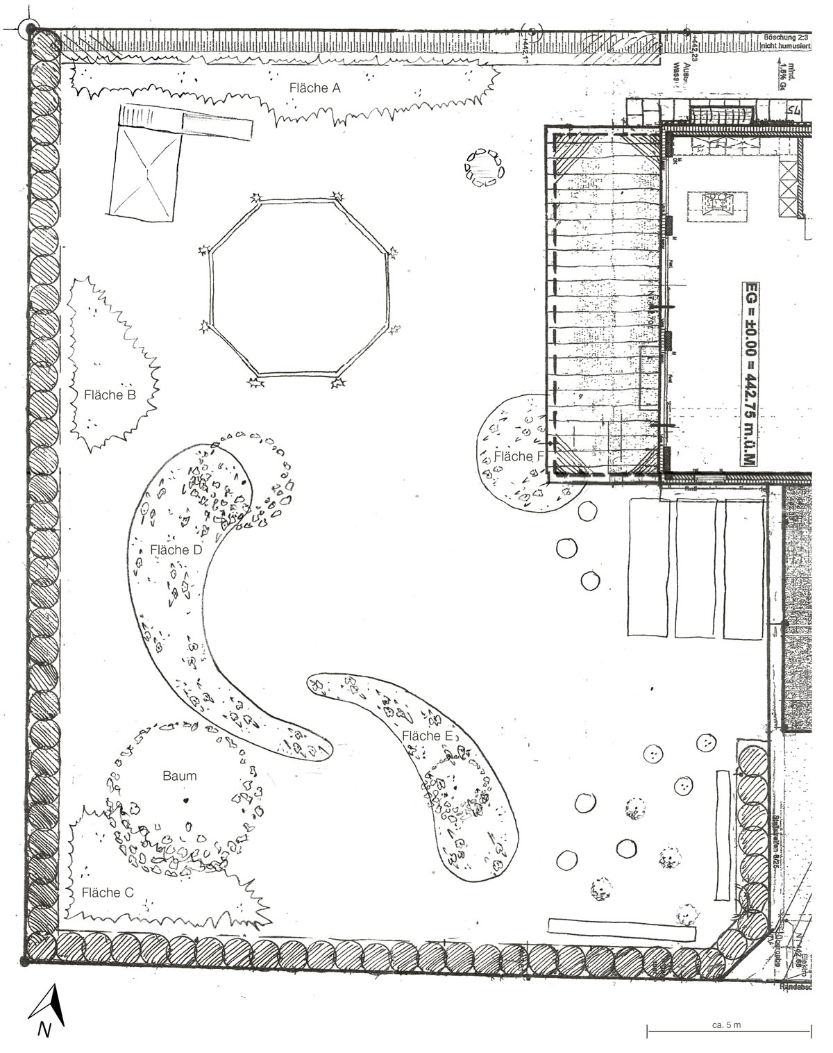 Skizze für die Flächeneinteilung eines Hausgartens.